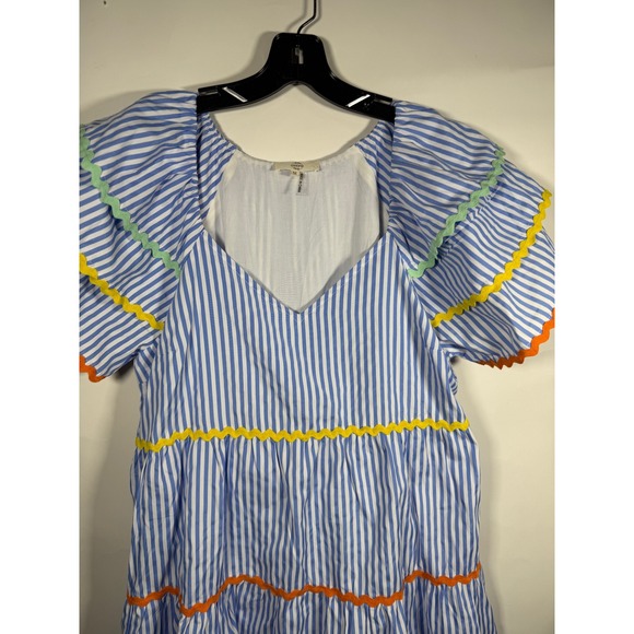 Entro Blue White Stripe Ric Rac Trim Tiered Flutter Sleeve Mini Dress Medium - Picture 2 of 11